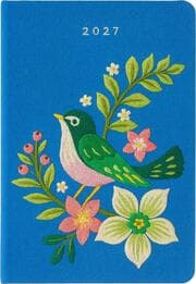 Cover von Taschenkalender A6 2027: Vogel und Blüten, bestickt, blau