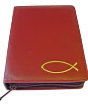 Cover von Gotteslobhülle Weinrot mit Fisch gold