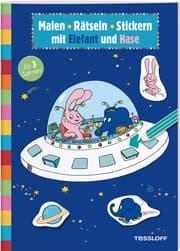 Cover von Malen, Rätseln, Stickern mit Elefant und Hase