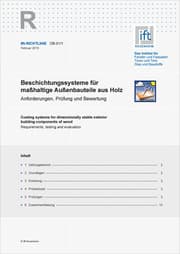Cover von ift-Richtlinie OB-01/1, Februar 2015. Beschichtungssysteme für maßhaltige Außenbauteile aus Holz. Anforderungen, Prüfung und Bewertung