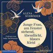 Cover von Junge Frau, am Fenster stehend, Abendlicht, blaues Kleid