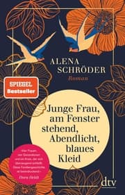 Cover von Junge Frau, am Fenster stehend, Abendlicht, blaues Kleid