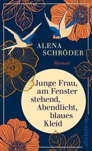 Cover von Junge Frau, am Fenster stehend, Abendlicht, blaues Kleid